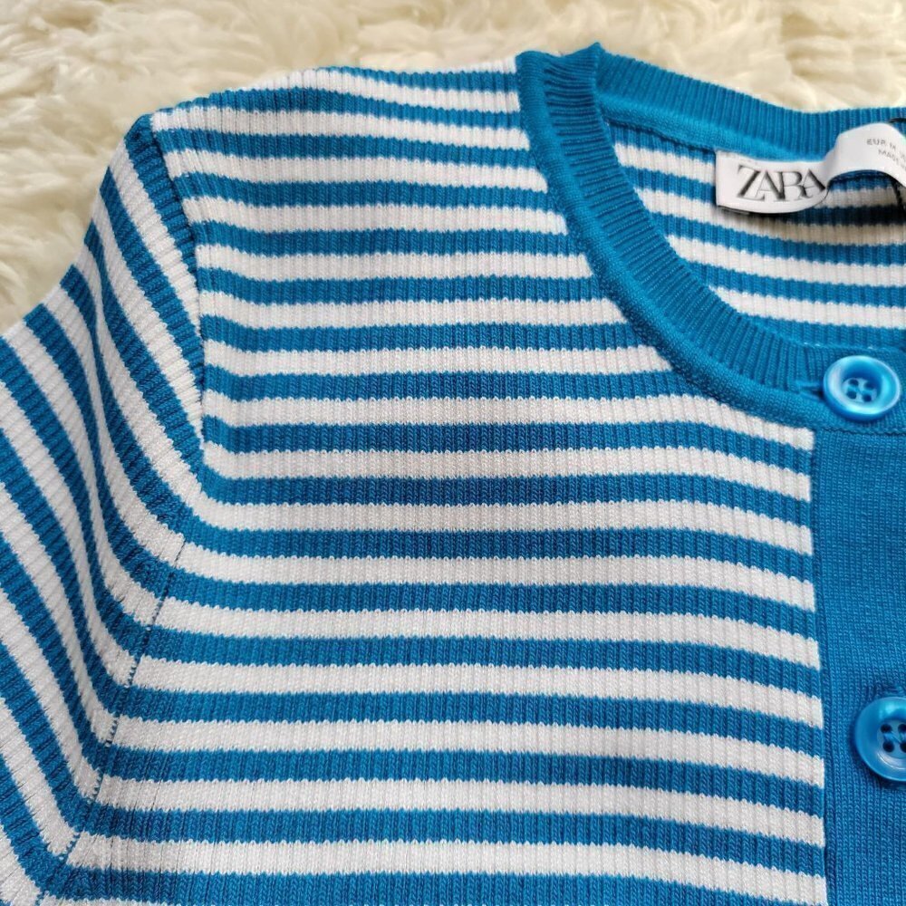 ZARA Cropped Blue Striped Sweater Knit Short Sleeve T-shirt Tee Top Size Medium - Picture 5 of 10